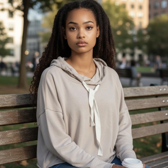 Betsey Johnson Oatmeal Hoodie French Terry Casual Neutral Rolled Edge Sz M - Picture 8 of 9